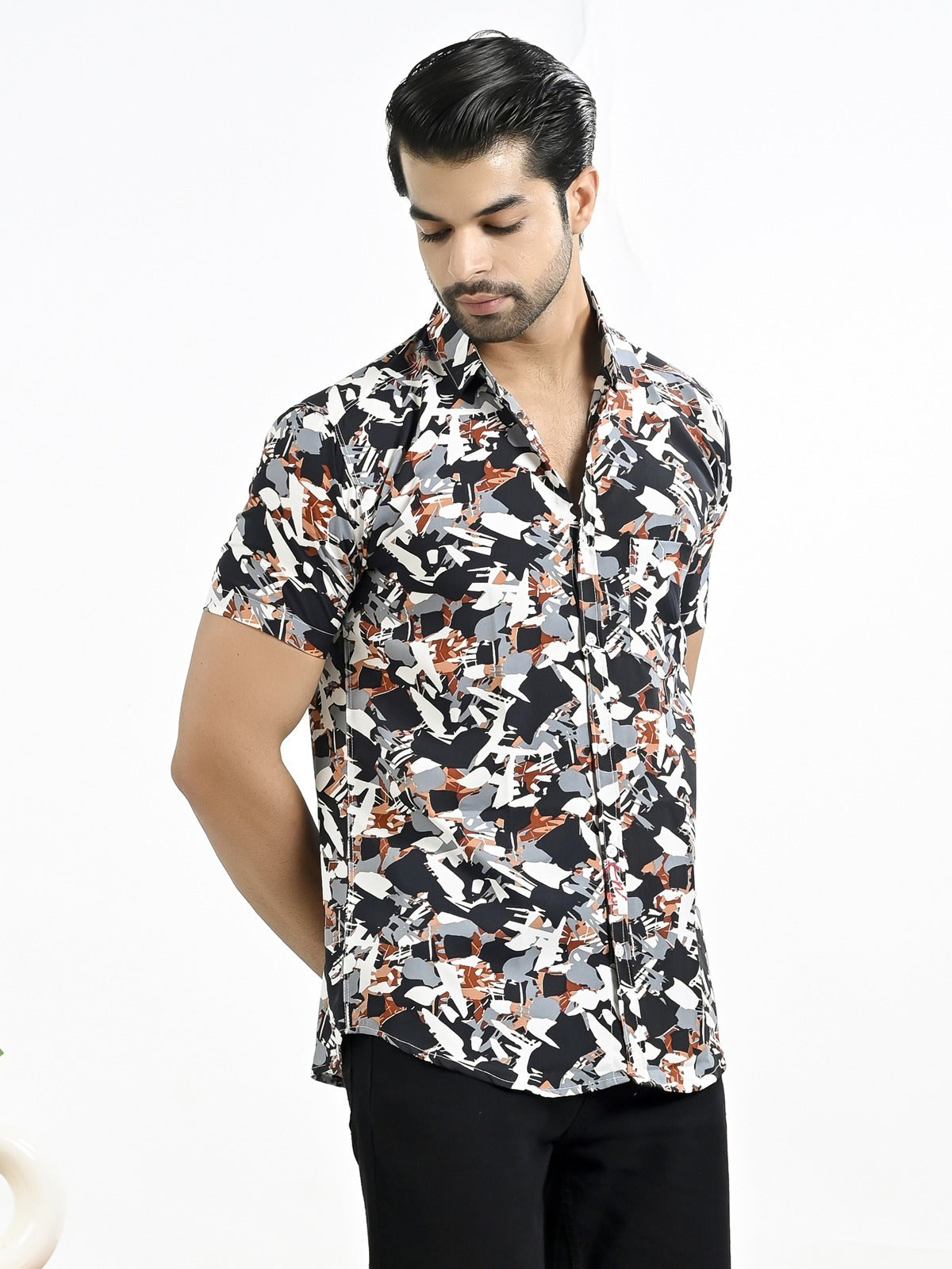 Mens Dark Blue Floral Printed Half Sleeve Crepe Shirt