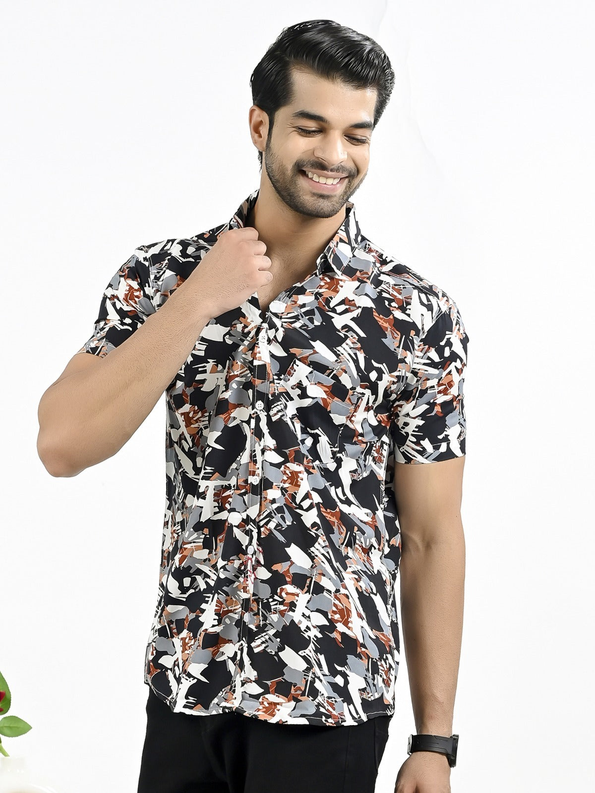 Mens Dark Blue Floral Printed Half Sleeve Crepe Shirt