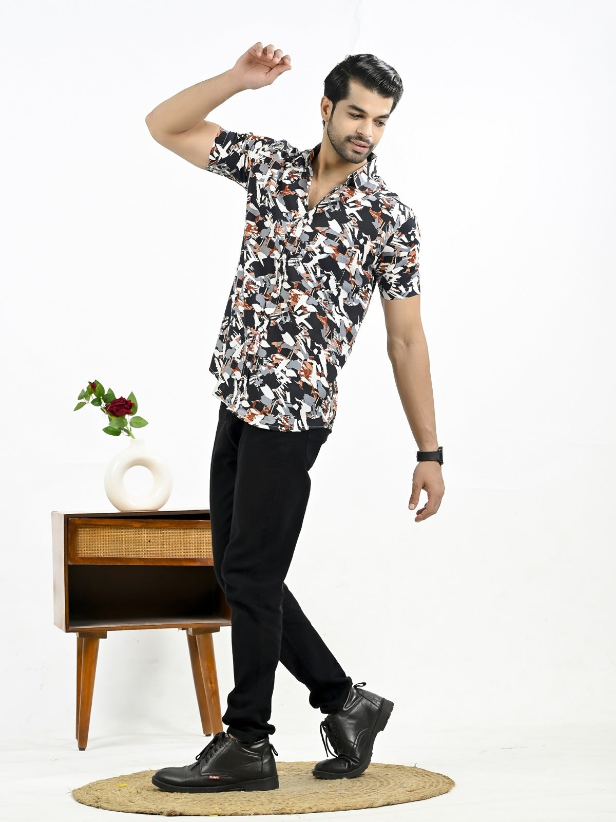 Mens Dark Blue Floral Printed Half Sleeve Crepe Shirt