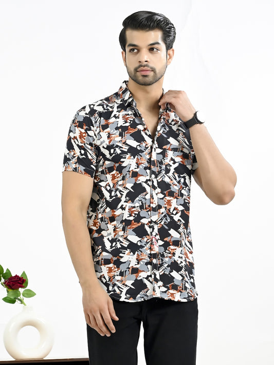 Mens Dark Blue Floral Printed Half Sleeve Crepe Shirt