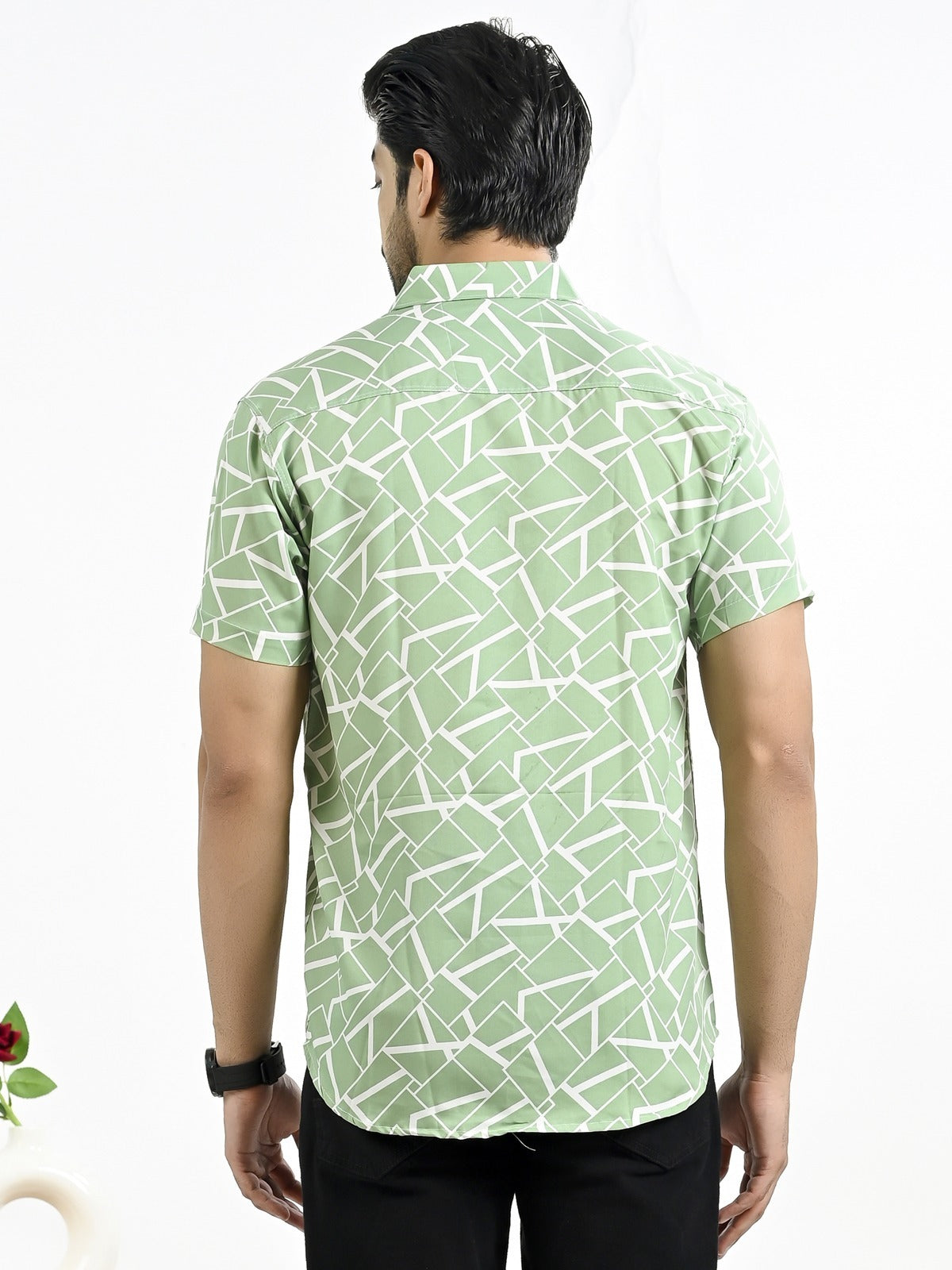 Mens Green Block Printed Half Sleeve Crepe Shirt