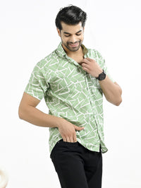 Mens Green Block Printed Half Sleeve Crepe Shirt