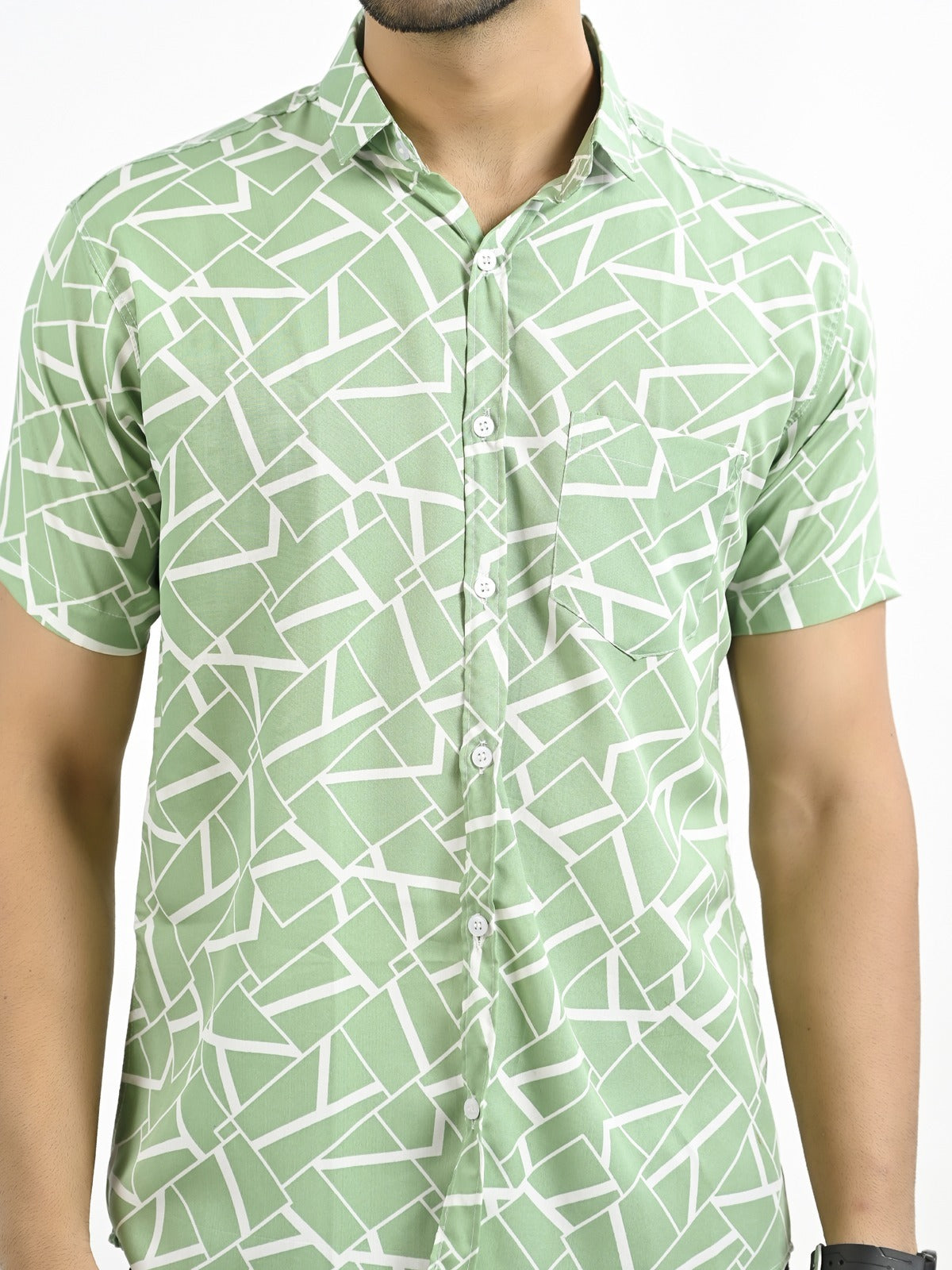 Mens Green Block Printed Half Sleeve Crepe Shirt