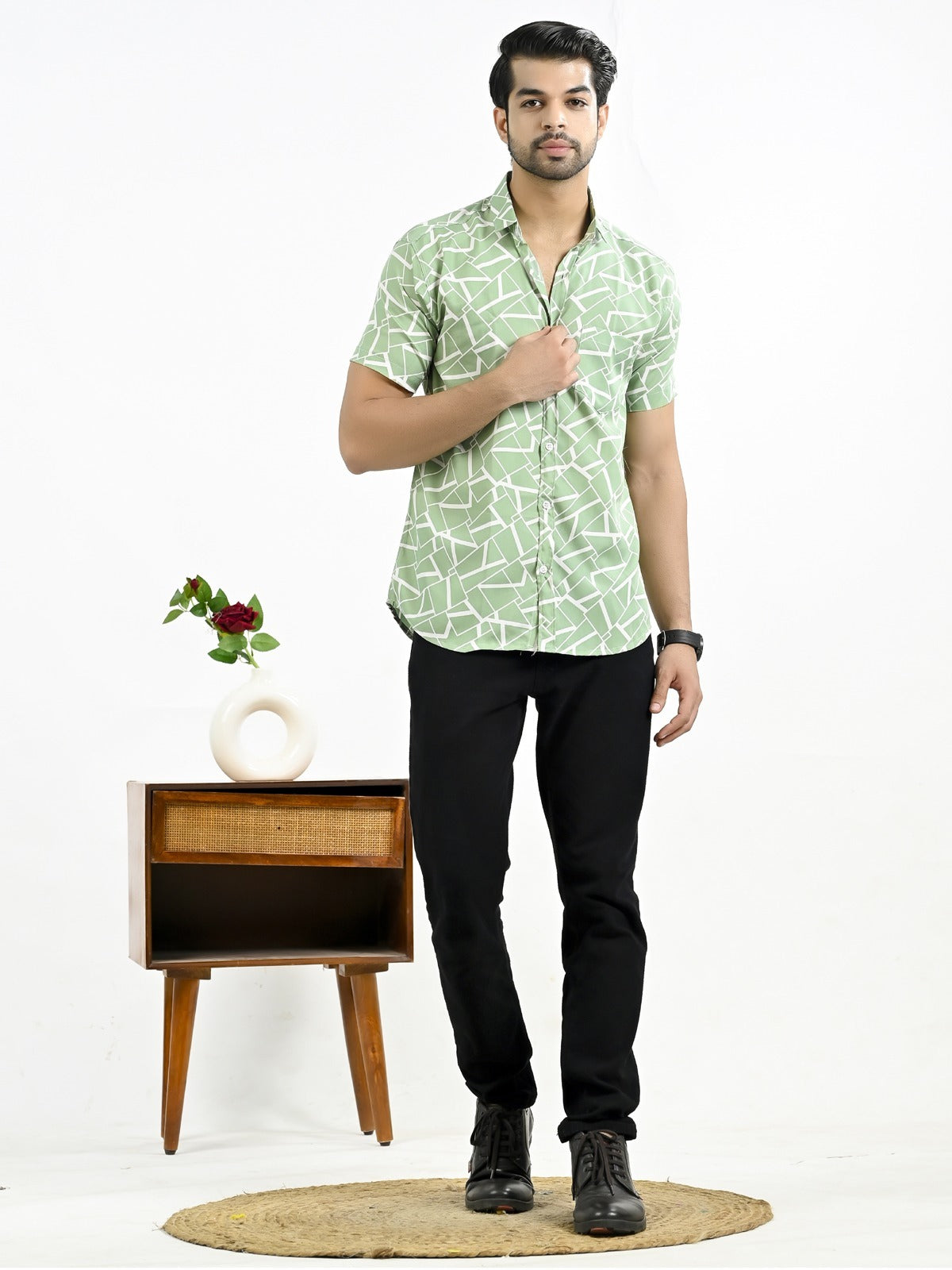 Mens Green Block Printed Half Sleeve Crepe Shirt