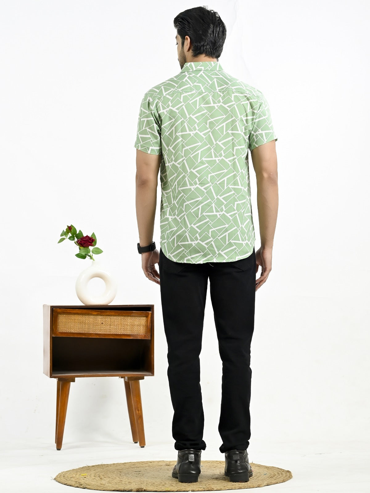 Mens Green Block Printed Half Sleeve Crepe Shirt