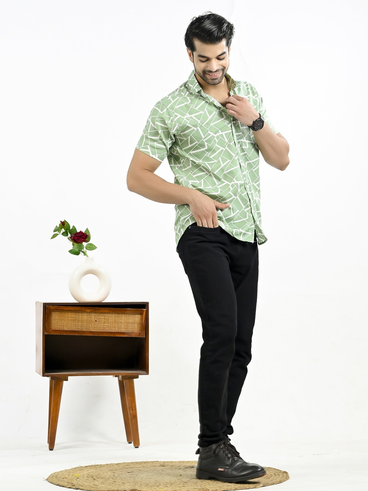 Mens Green Block Printed Half Sleeve Crepe Shirt