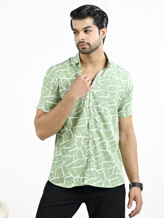 Mens Green Block Printed Half Sleeve Crepe Shirt