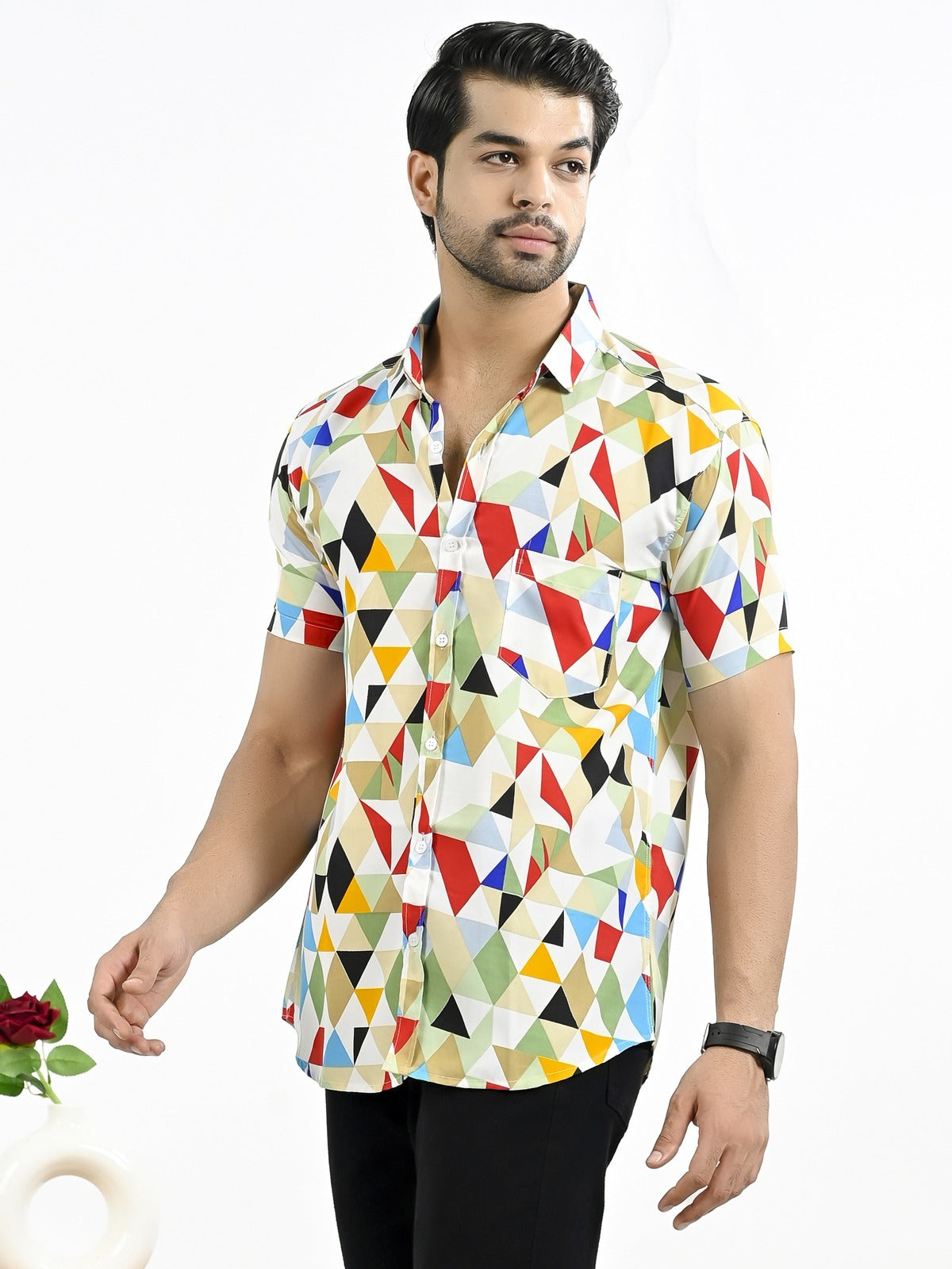 Mens Yellow Geomatric Printed Half Sleeve Crepe Shirt