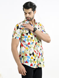 Mens Yellow Geomatric Printed Half Sleeve Crepe Shirt