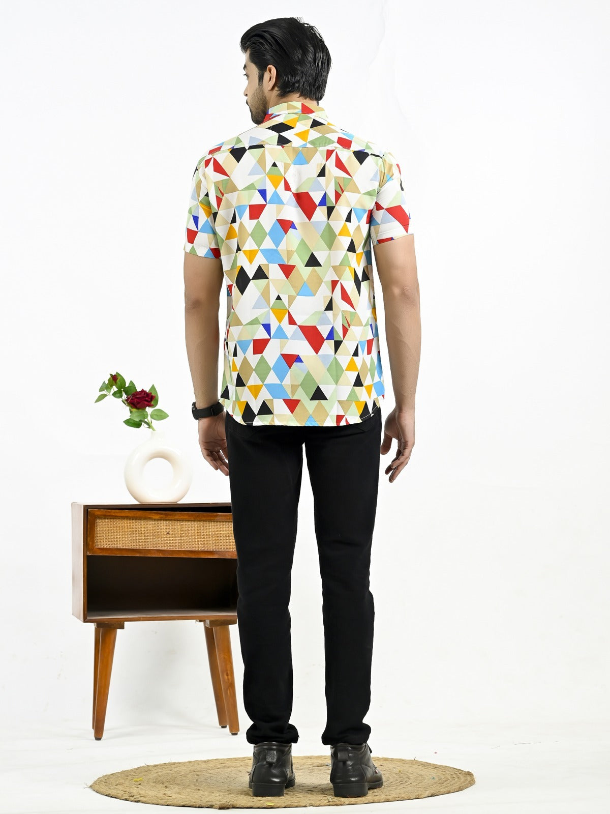 Mens Yellow Geomatric Printed Half Sleeve Crepe Shirt