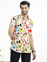 Mens Yellow Geomatric Printed Half Sleeve Crepe Shirt