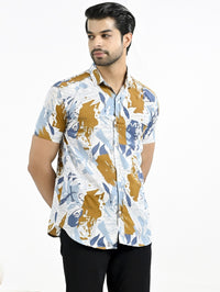 Mens Golden Floral Printed Half Sleeve Crepe Shirt