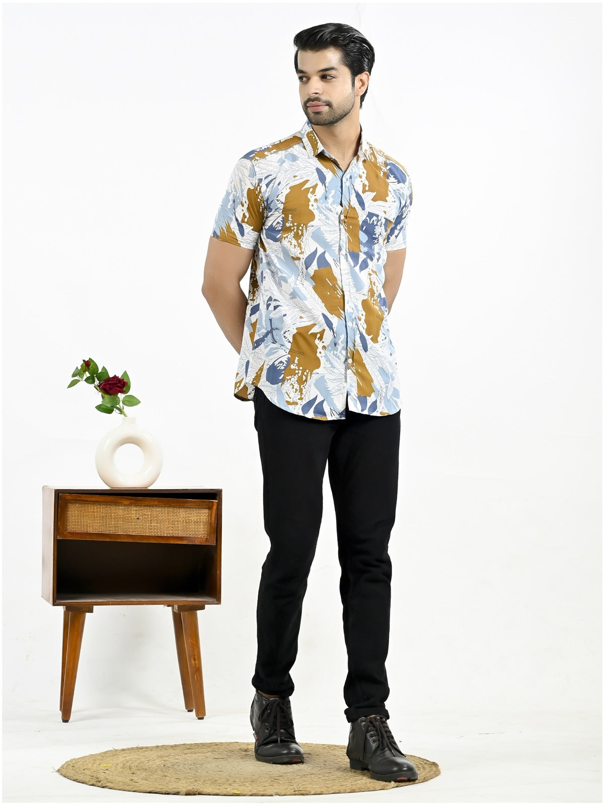 Mens Golden Floral Printed Half Sleeve Crepe Shirt