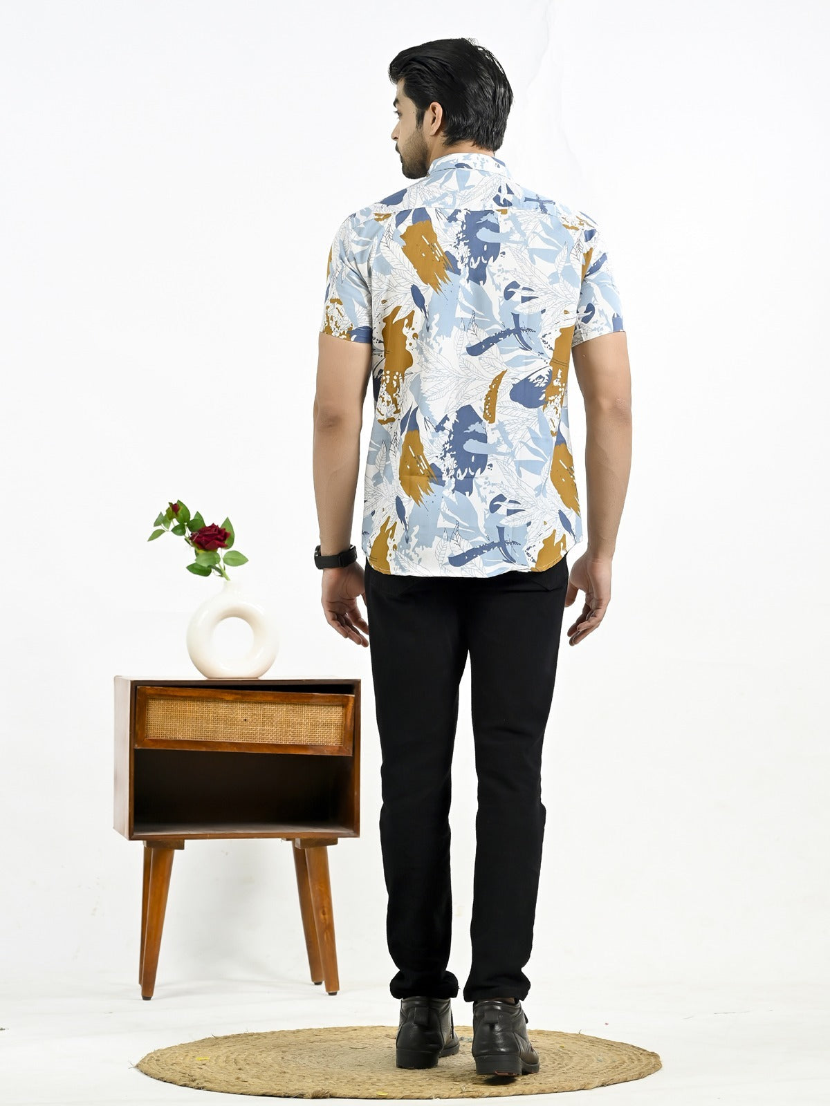 Mens Golden Floral Printed Half Sleeve Crepe Shirt