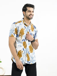 Mens Golden Floral Printed Half Sleeve Crepe Shirt