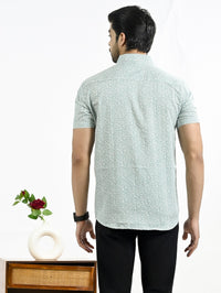 Mens Green Star Printed Half Sleeve Crepe Shirt