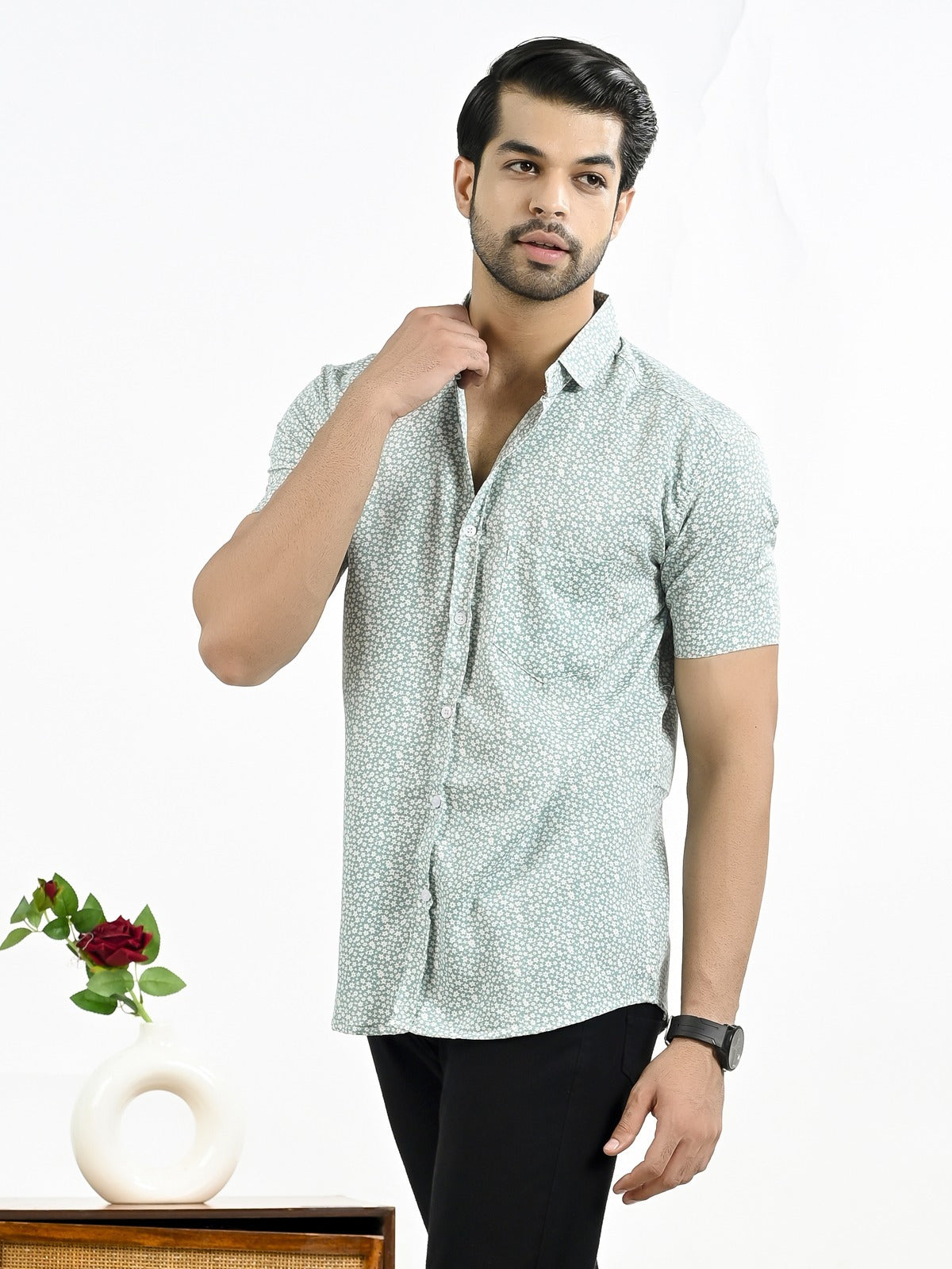 Mens Green Star Printed Half Sleeve Crepe Shirt