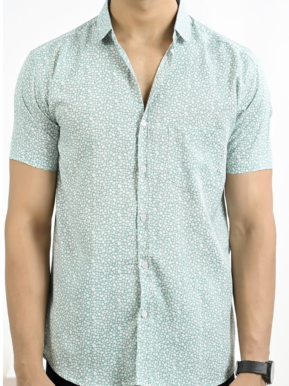 Mens Green Star Printed Half Sleeve Crepe Shirt