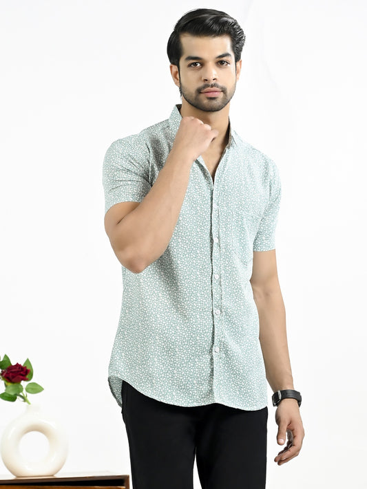 Mens Green Star Printed Half Sleeve Crepe Shirt