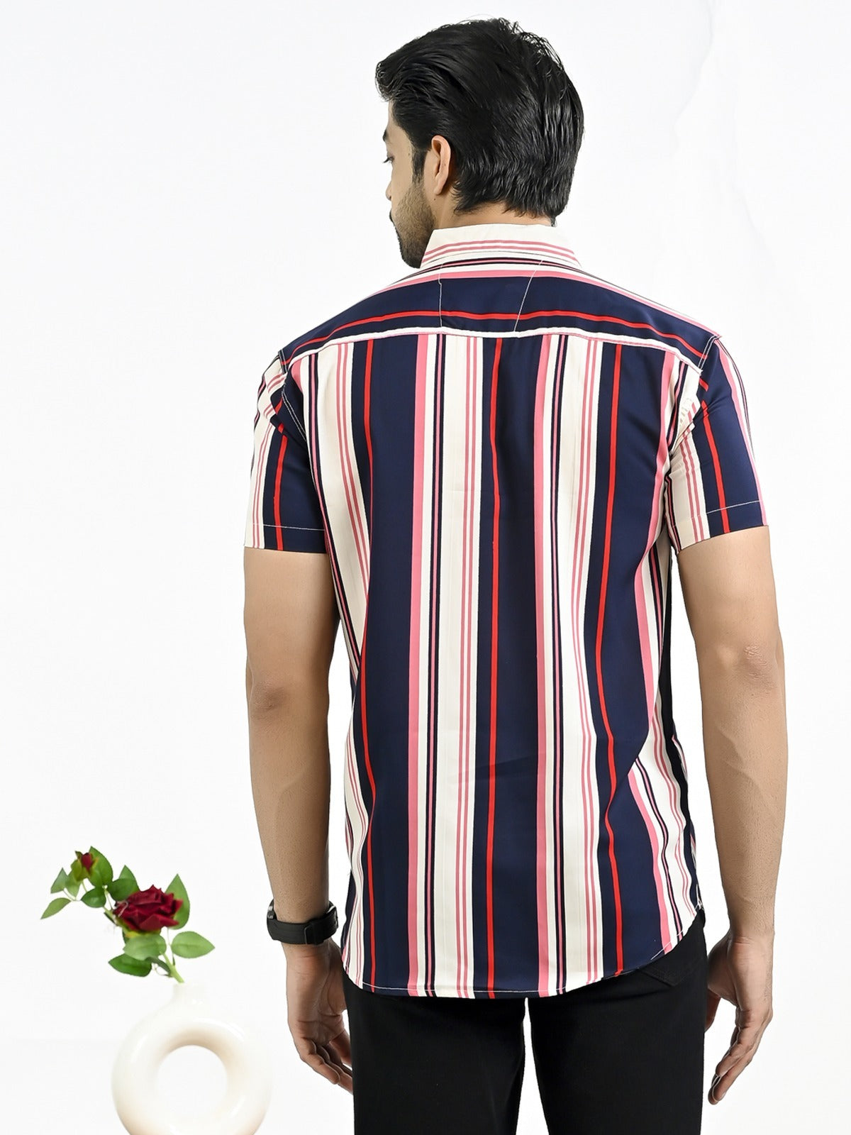 Mens Dark Blue Stripe Half Sleeve Crepe Shirt