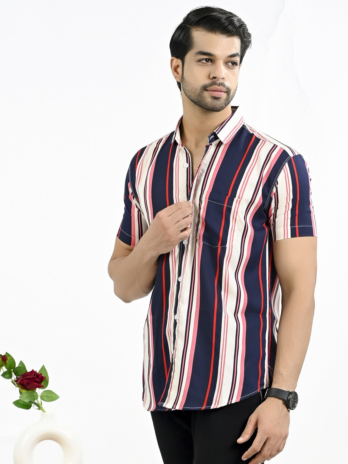 Mens Dark Blue Stripe Half Sleeve Crepe Shirt