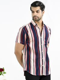 Mens Dark Blue Stripe Half Sleeve Crepe Shirt