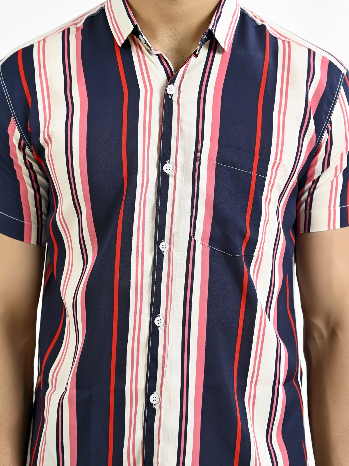 Mens Dark Blue Stripe Half Sleeve Crepe Shirt