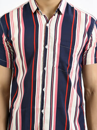 Mens Dark Blue Stripe Half Sleeve Crepe Shirt