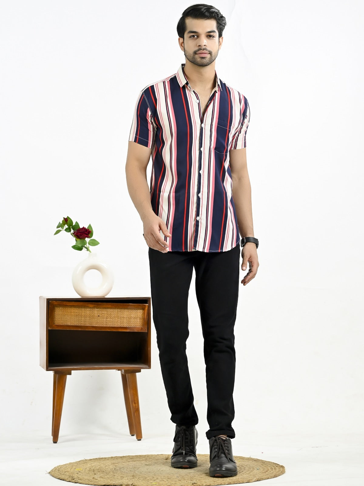 Mens Dark Blue Stripe Half Sleeve Crepe Shirt