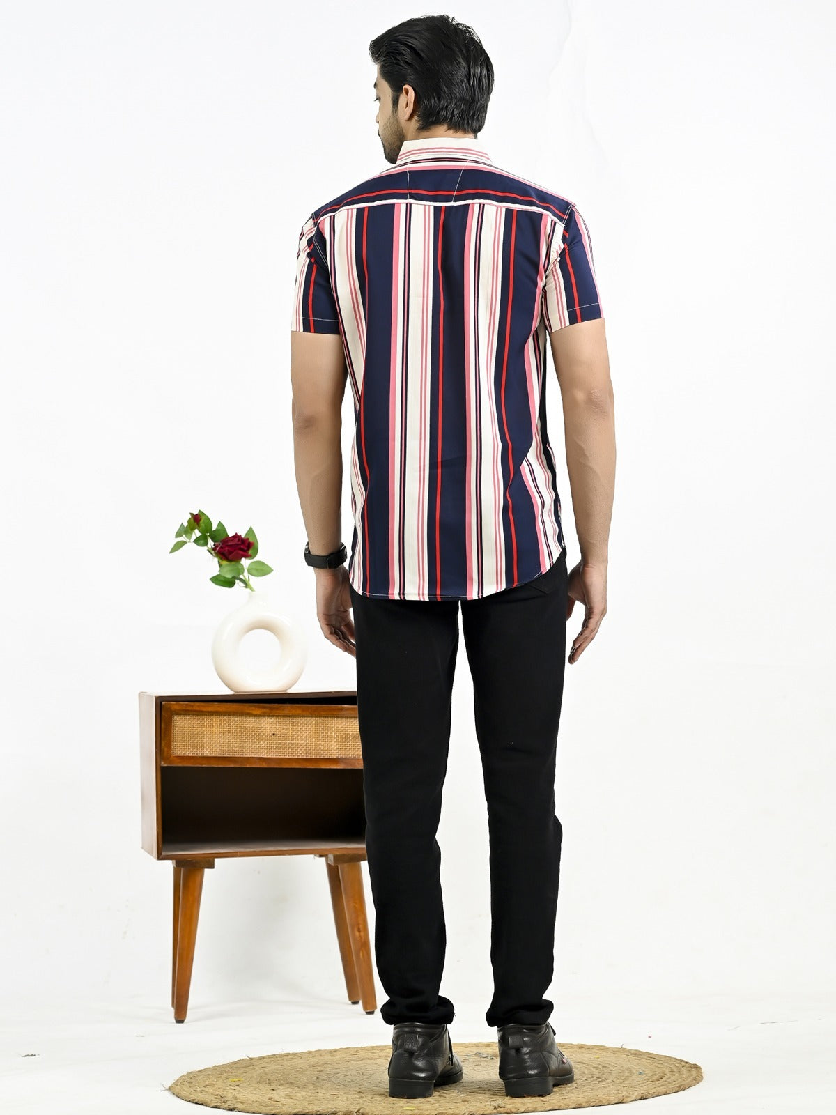 Mens Dark Blue Stripe Half Sleeve Crepe Shirt