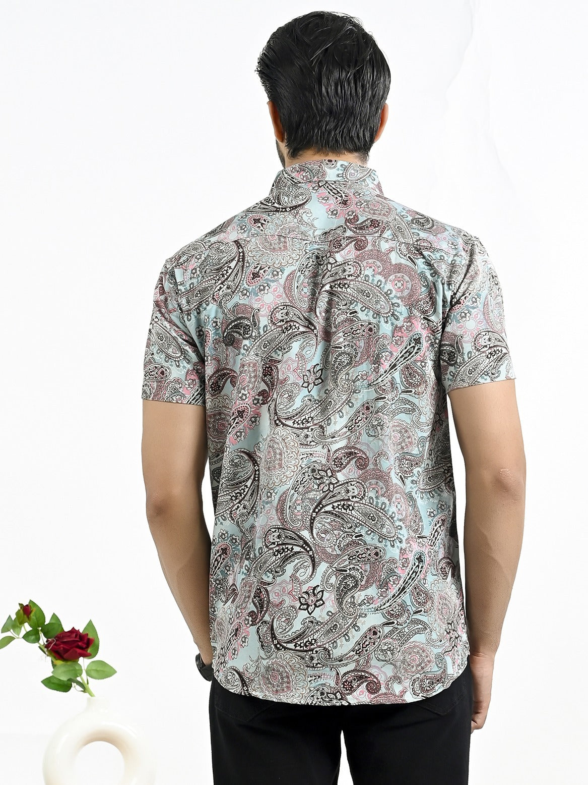 Mens Light Blue Floral Printed Half Sleeve Crepe Shirt