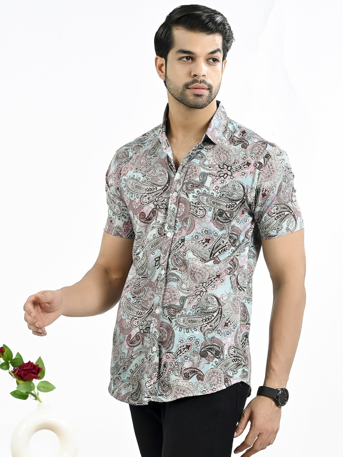 Mens Light Blue Floral Printed Half Sleeve Crepe Shirt