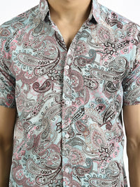 Mens Light Blue Floral Printed Half Sleeve Crepe Shirt