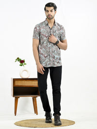 Mens Light Blue Floral Printed Half Sleeve Crepe Shirt