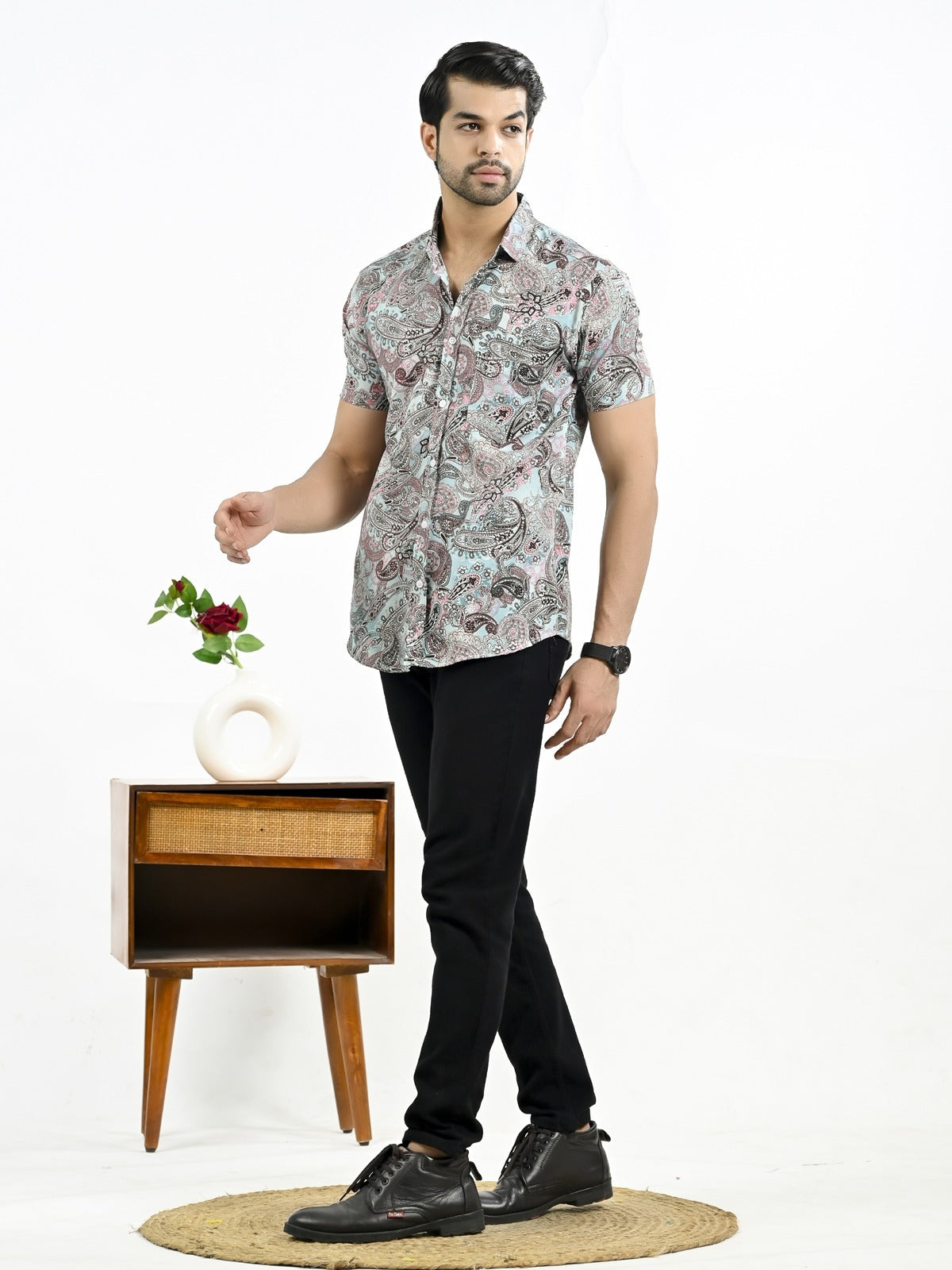 Mens Light Blue Floral Printed Half Sleeve Crepe Shirt