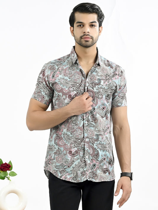 Mens Light Blue Floral Printed Half Sleeve Crepe Shirt