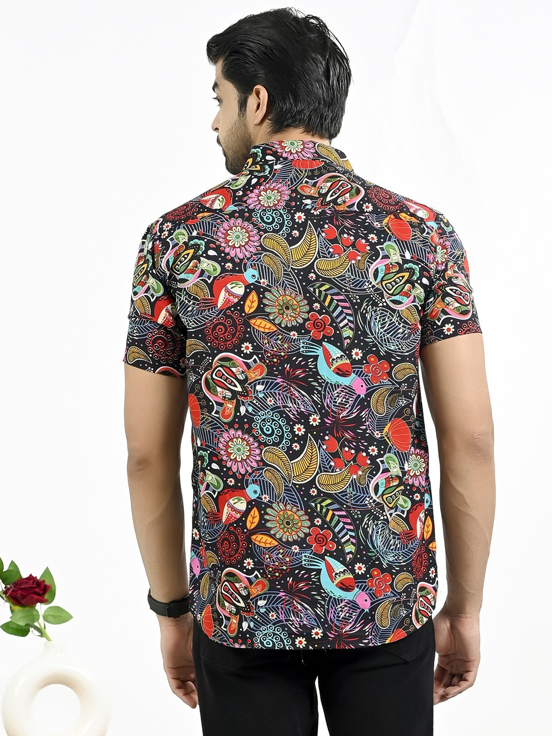 Mens Black Floral Printed Half Sleeve Crepe Shirt