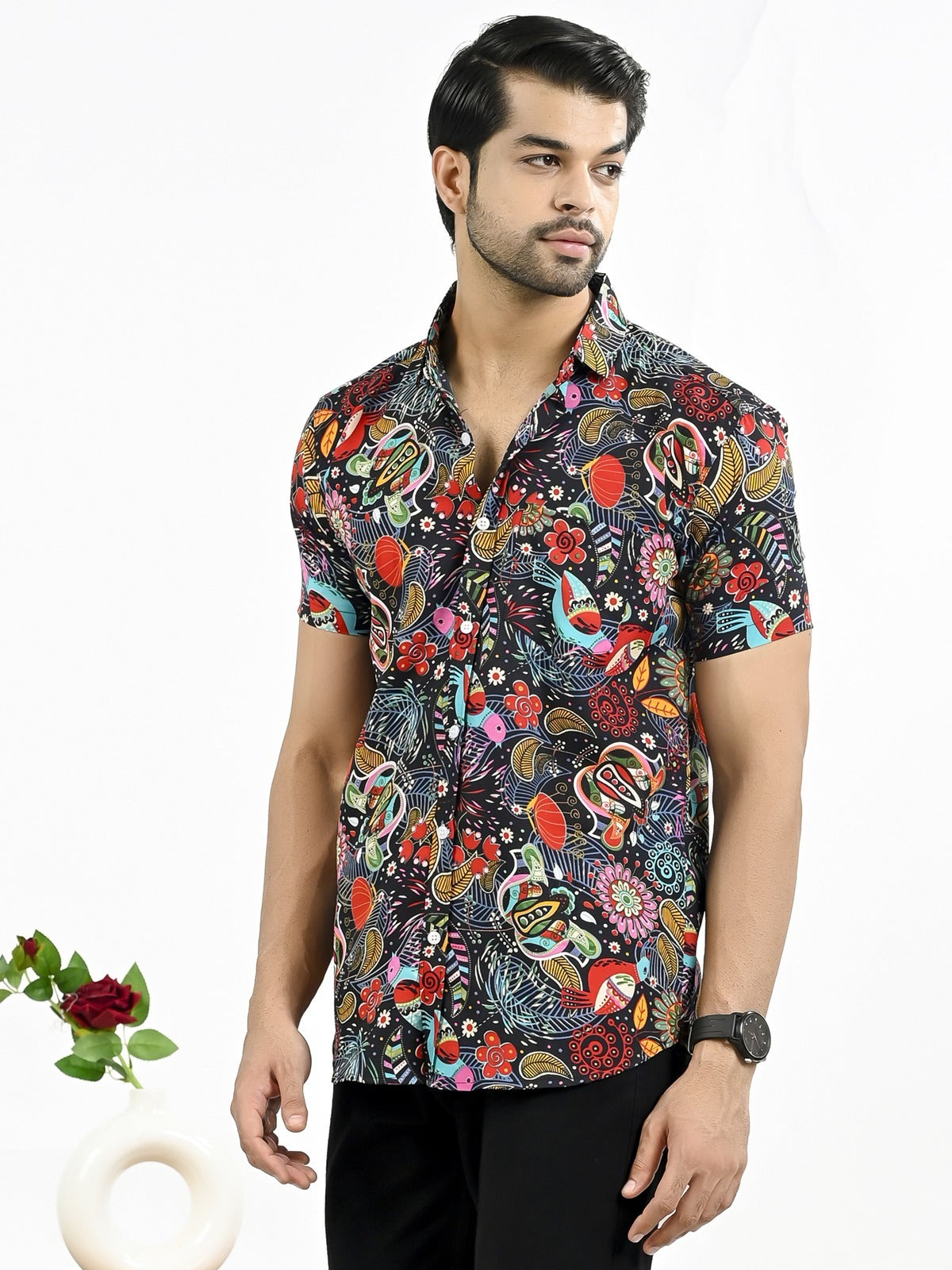 Mens Black Floral Printed Half Sleeve Crepe Shirt