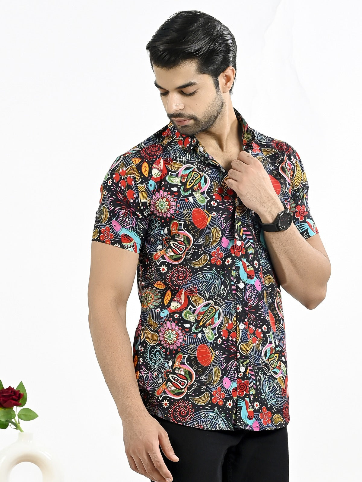 Mens Black Floral Printed Half Sleeve Crepe Shirt