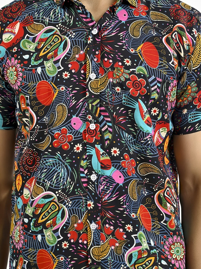 Mens Black Floral Printed Half Sleeve Crepe Shirt