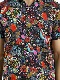 Mens Black Floral Printed Half Sleeve Crepe Shirt