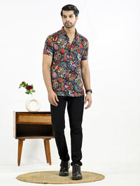 Mens Black Floral Printed Half Sleeve Crepe Shirt