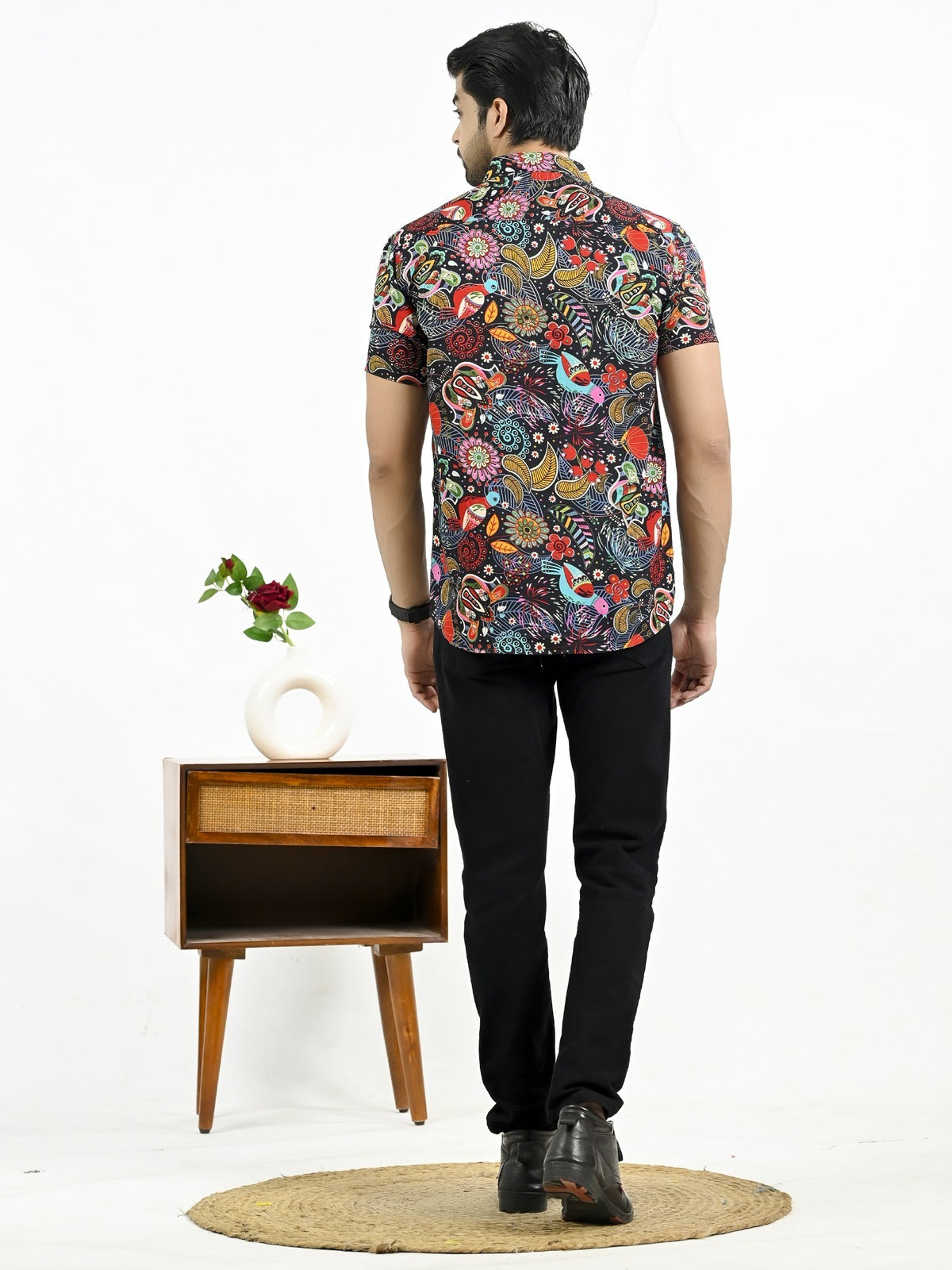 Mens Black Floral Printed Half Sleeve Crepe Shirt