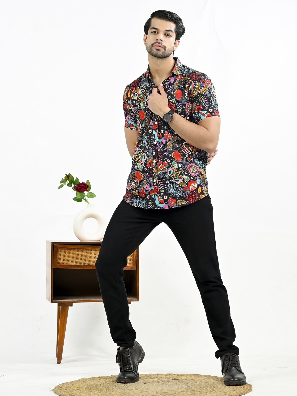 Mens Black Floral Printed Half Sleeve Crepe Shirt