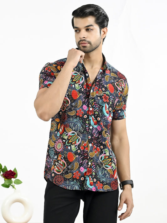 Mens Black Floral Printed Half Sleeve Crepe Shirt