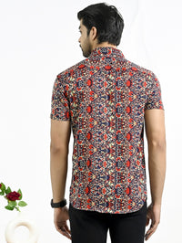 Mens Red Floral Printed Half Sleeve Crepe Shirt