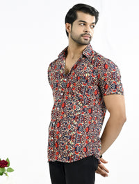 Mens Red Floral Printed Half Sleeve Crepe Shirt