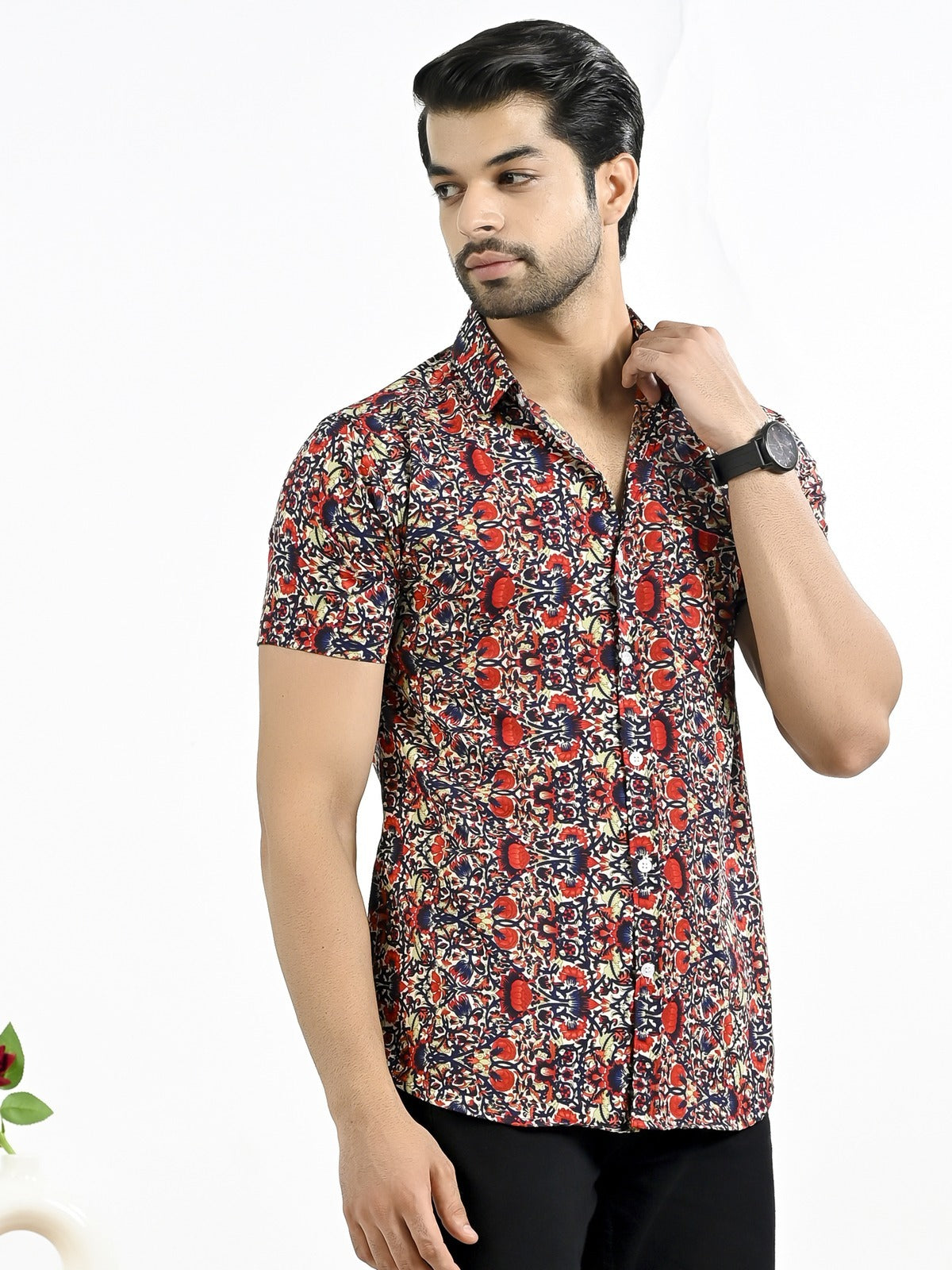 Mens Red Floral Printed Half Sleeve Crepe Shirt