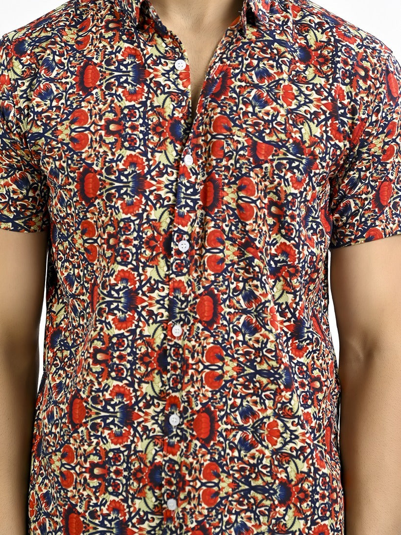 Mens Red Floral Printed Half Sleeve Crepe Shirt