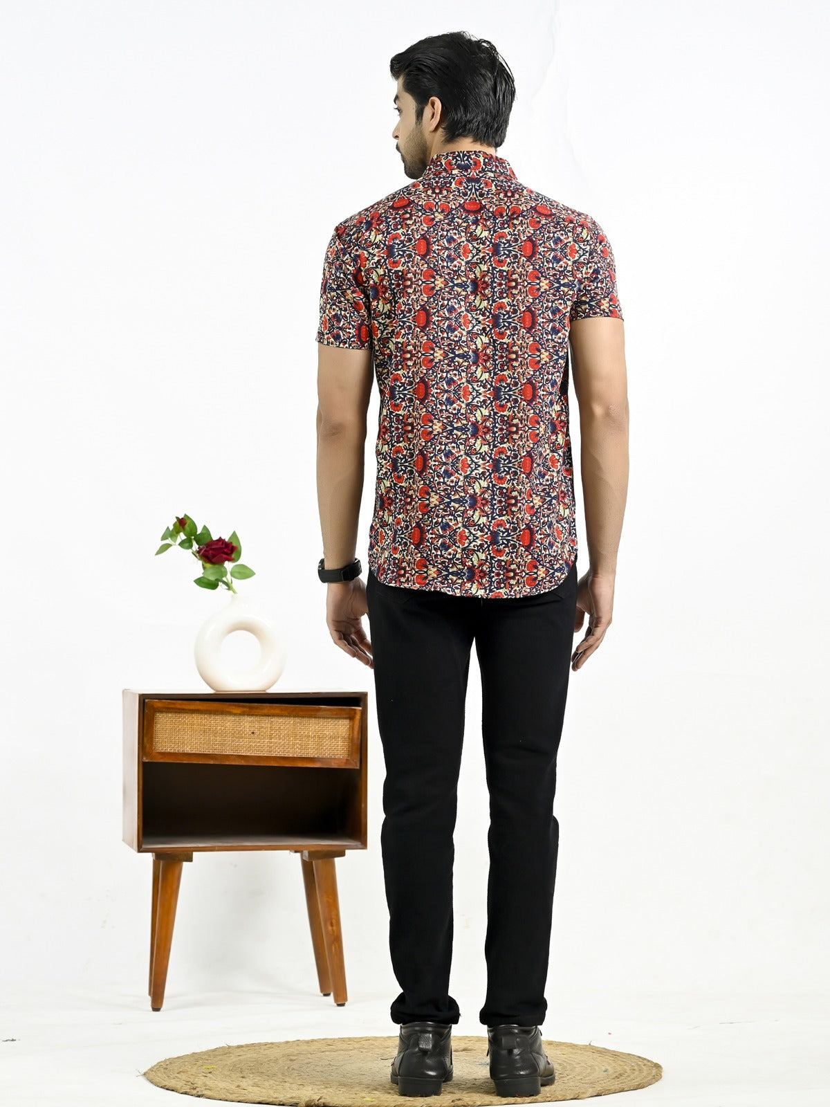 Mens Red Floral Printed Half Sleeve Crepe Shirt